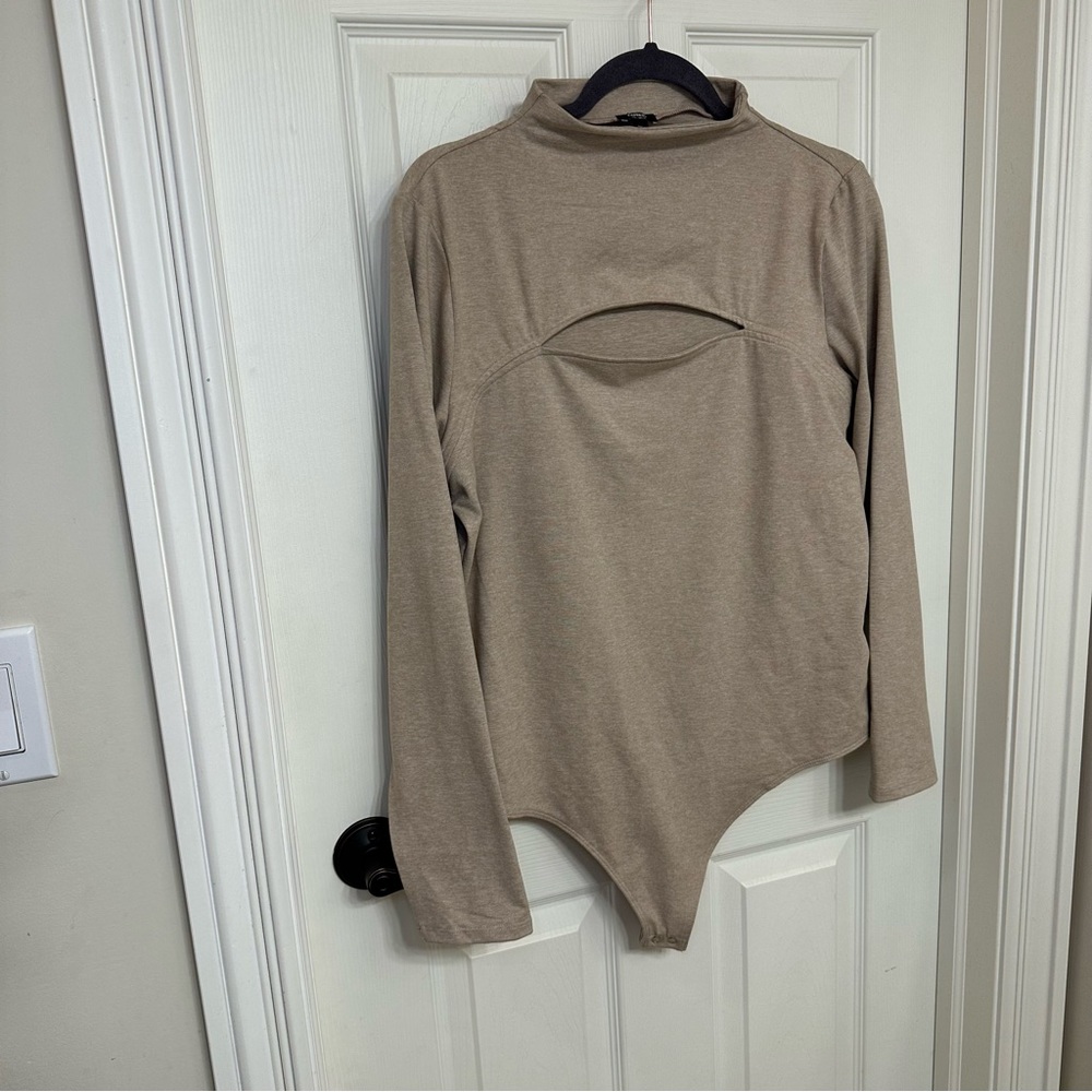 Tan soft mock neck bodysuit with bust cutout